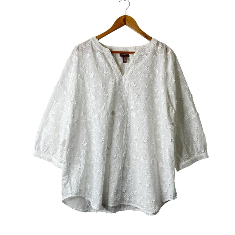 Chicos Blouse Women's Sz 3 US XL Floral Embroidered White 3/4 Sleeve Boho Resort